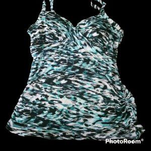 TRIMSHAPER 18W Tankini Swim Top Ruched Sides Blue Gray Print Bra Shelf